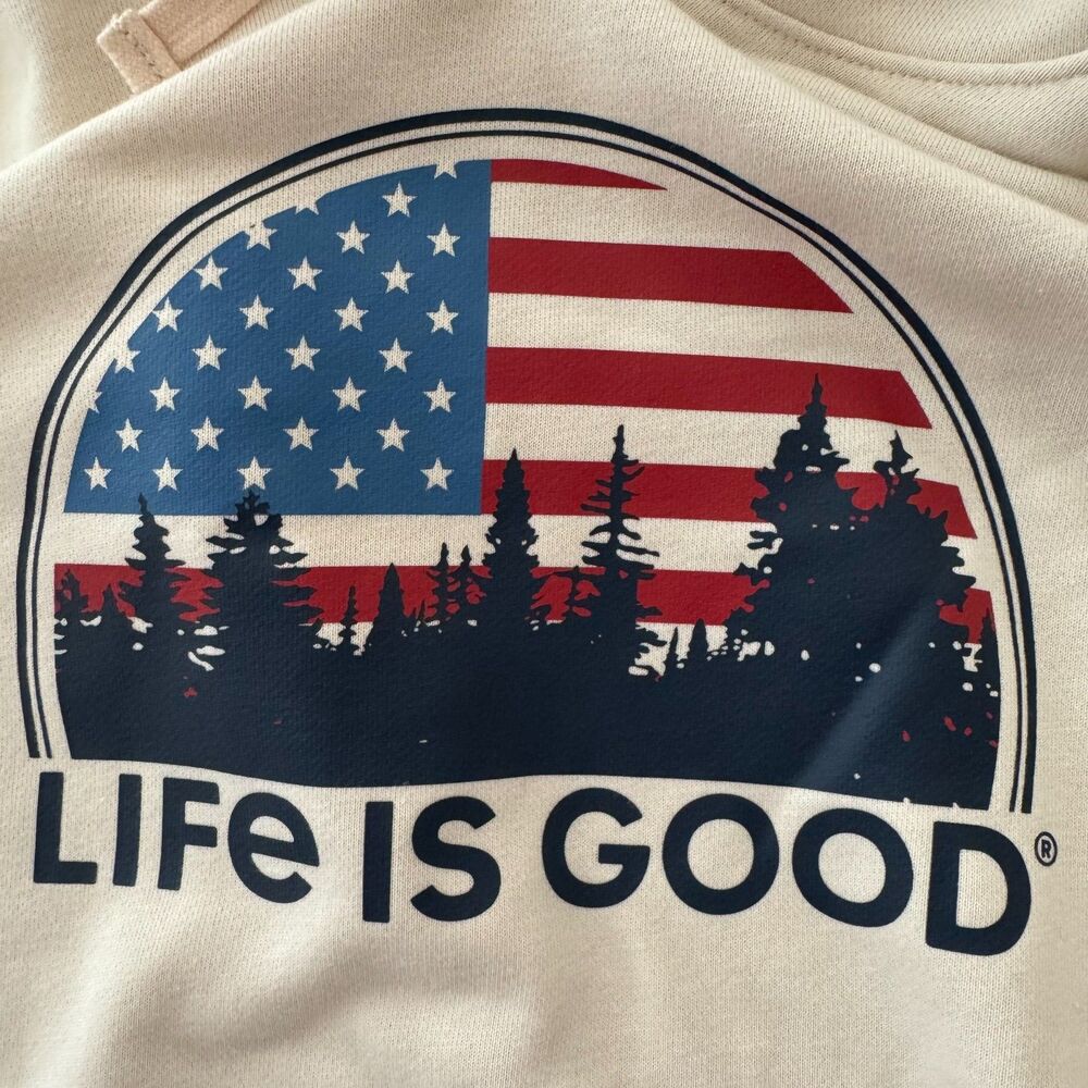 Life is Good NWT Sz L Putty White French Terry American Flag Woods Hoodie - Picture 4 of 12